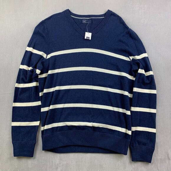 Gap Mens Sweater Large Blue White Striped V-Neck Long Sleeve 100% Cotton Preppy - Picture 1 of 7